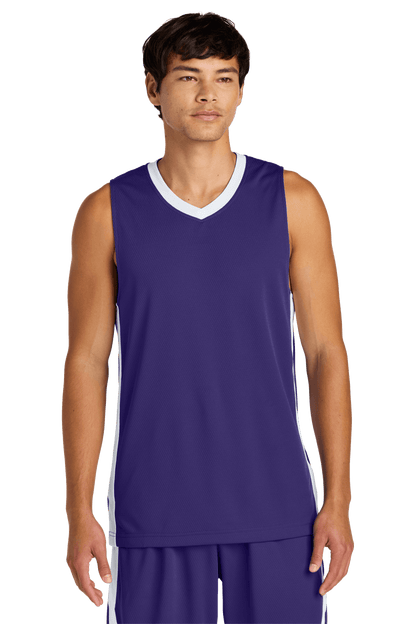 Purple and white Sport-Tek breathable mesh basketball jersey with customizable name and number for team play.