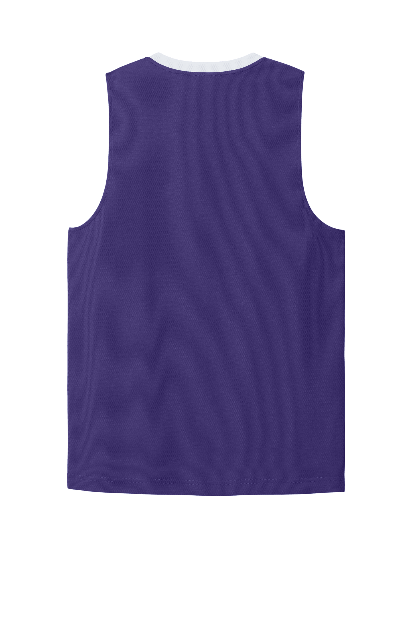 Purple and white customizable Sport-Tek mesh basketball jersey with team name and number, lightweight and breathable design.