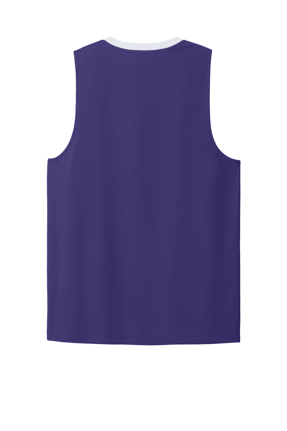 Purple and white customizable Sport-Tek mesh basketball jersey with team name and number, lightweight and breathable design.