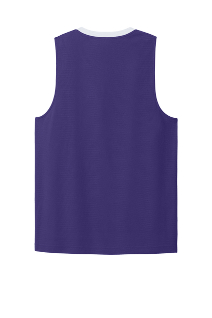 Purple and white customizable Sport-Tek mesh basketball jersey with team name and number, lightweight and breathable design.