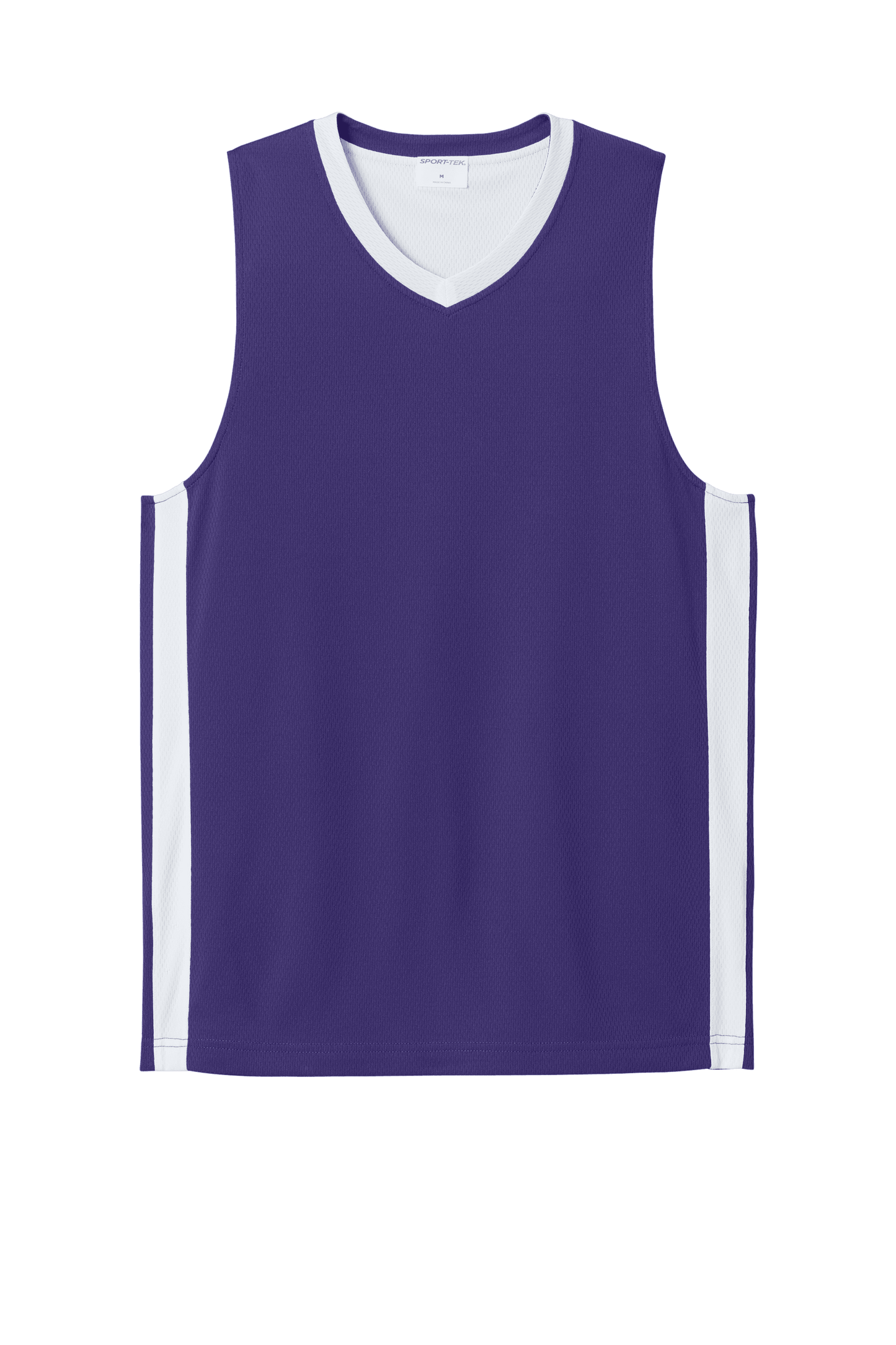 Purple and white Sport-Tek basketball jersey with customizable name and number, lightweight and breathable mesh design.
