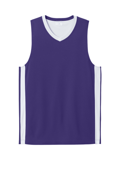 Purple and white Sport-Tek basketball jersey with customizable name and number, lightweight and breathable mesh design.