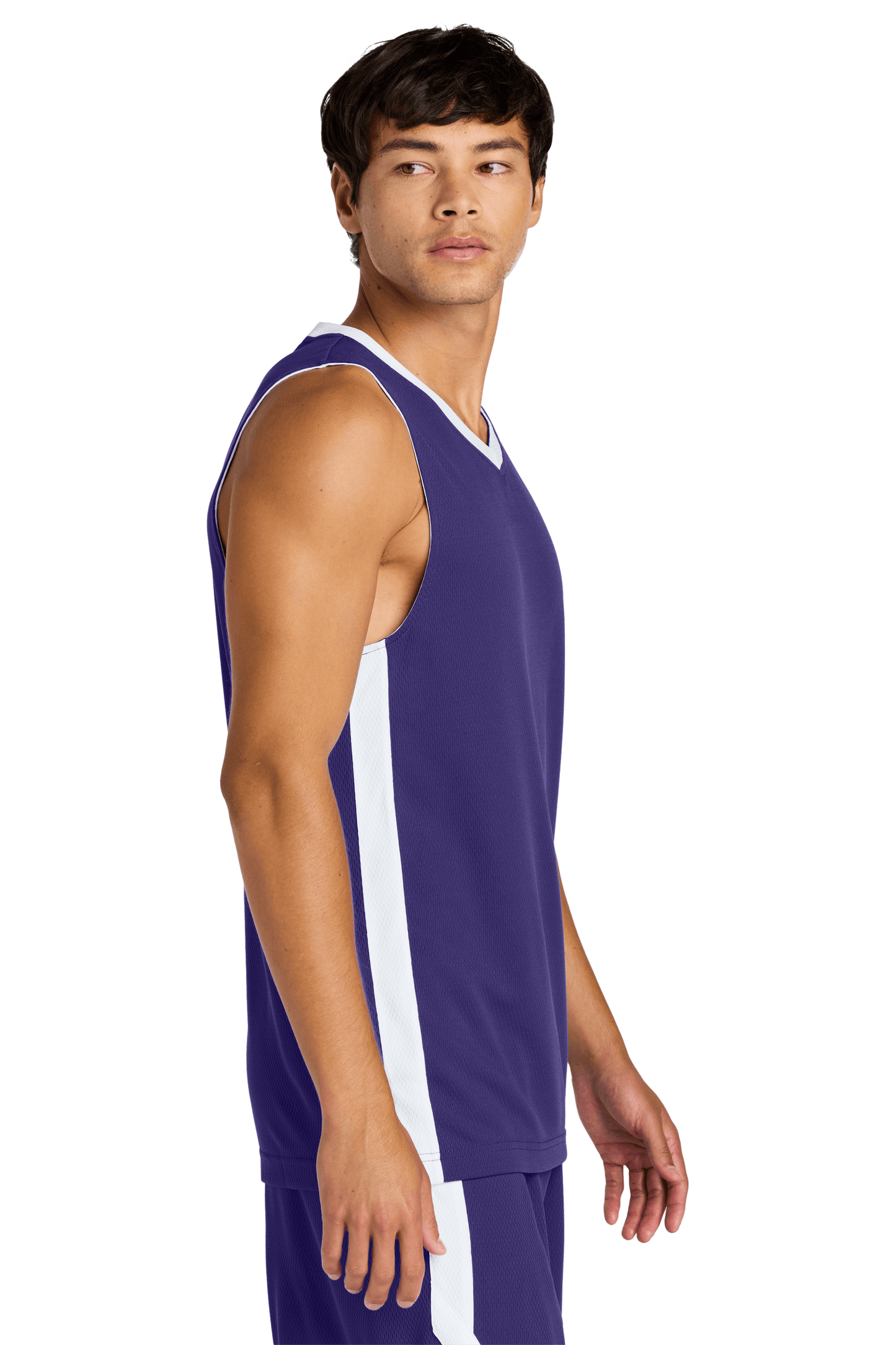 Sport-Tek customizable mesh basketball jersey in purple and white, lightweight, breathable, featuring space for name and number.