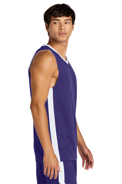 Sport-Tek customizable mesh basketball jersey in purple and white, lightweight, breathable, featuring space for name and number.