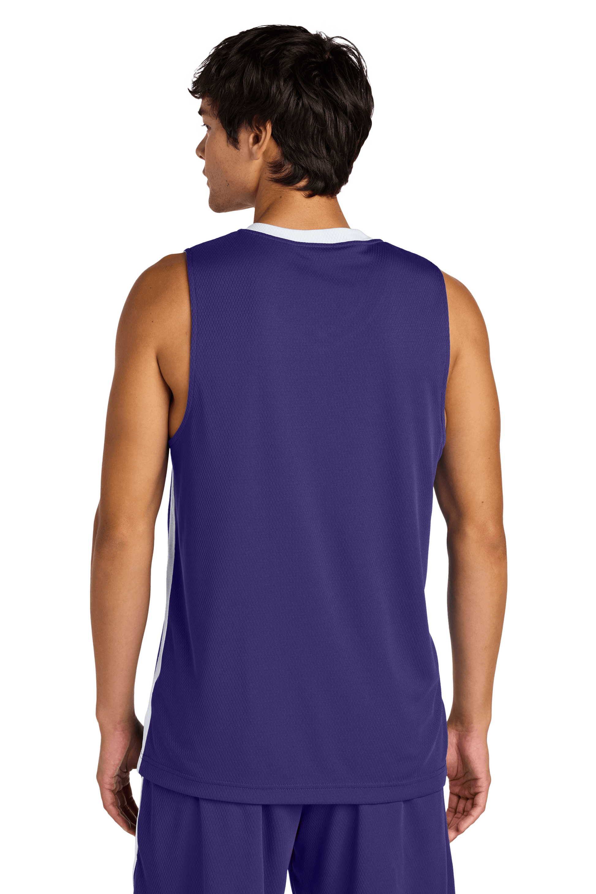 Purple and white Sport-Tek customizable mesh basketball jersey with name and number, lightweight and breathable for team play.