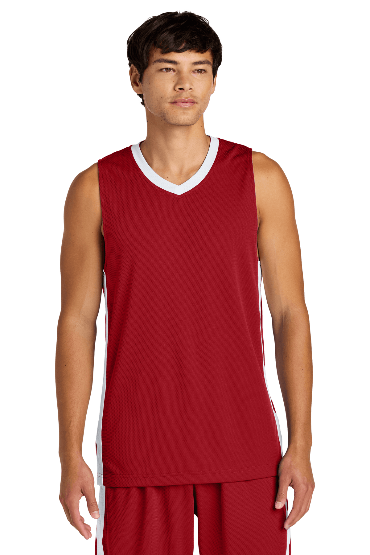 Red and white Sport-Tek mesh basketball jersey with customizable name and number, lightweight and breathable for team sports.