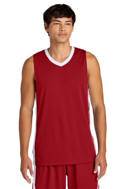 Red and white Sport-Tek mesh basketball jersey with customizable name and number, lightweight and breathable for team sports.