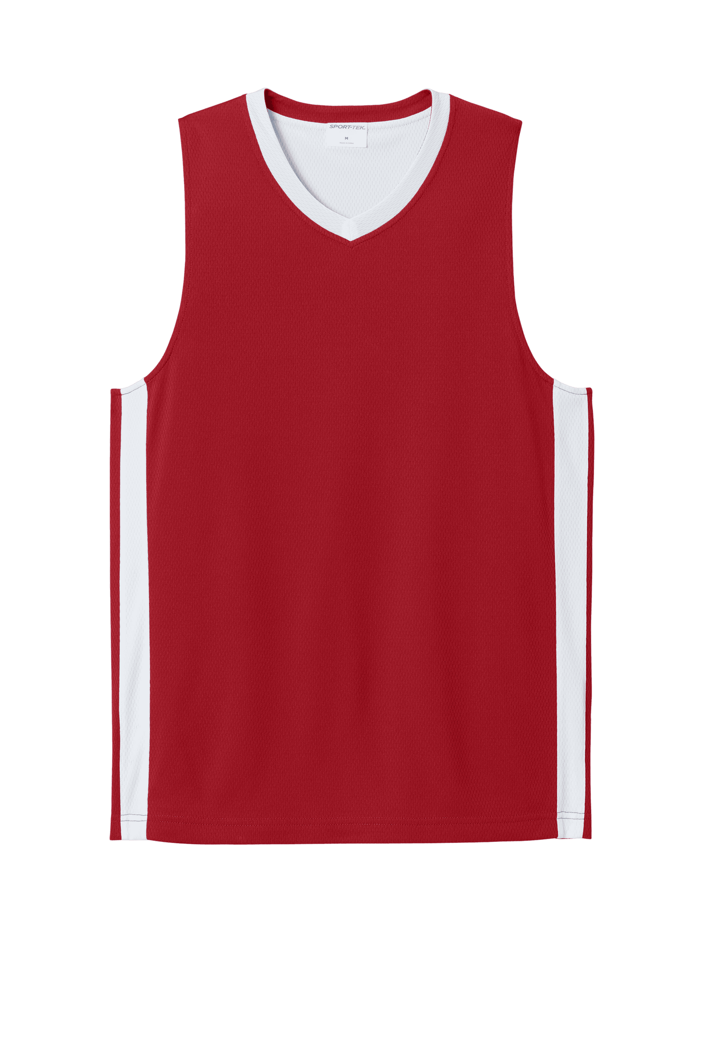 Red and white customizable Sport-Tek mesh basketball jersey with team name and number, lightweight and breathable for players.