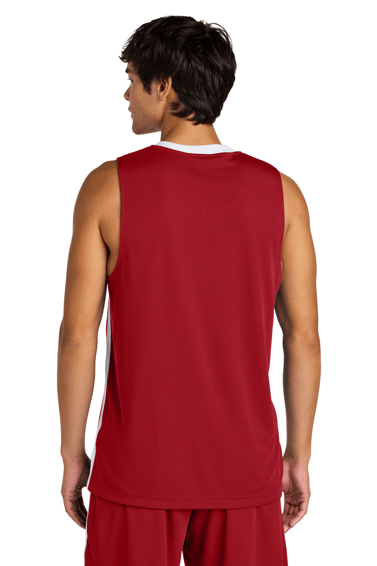 Red and white customizable Sport-Tek mesh basketball jersey with team name and number, lightweight and breathable.