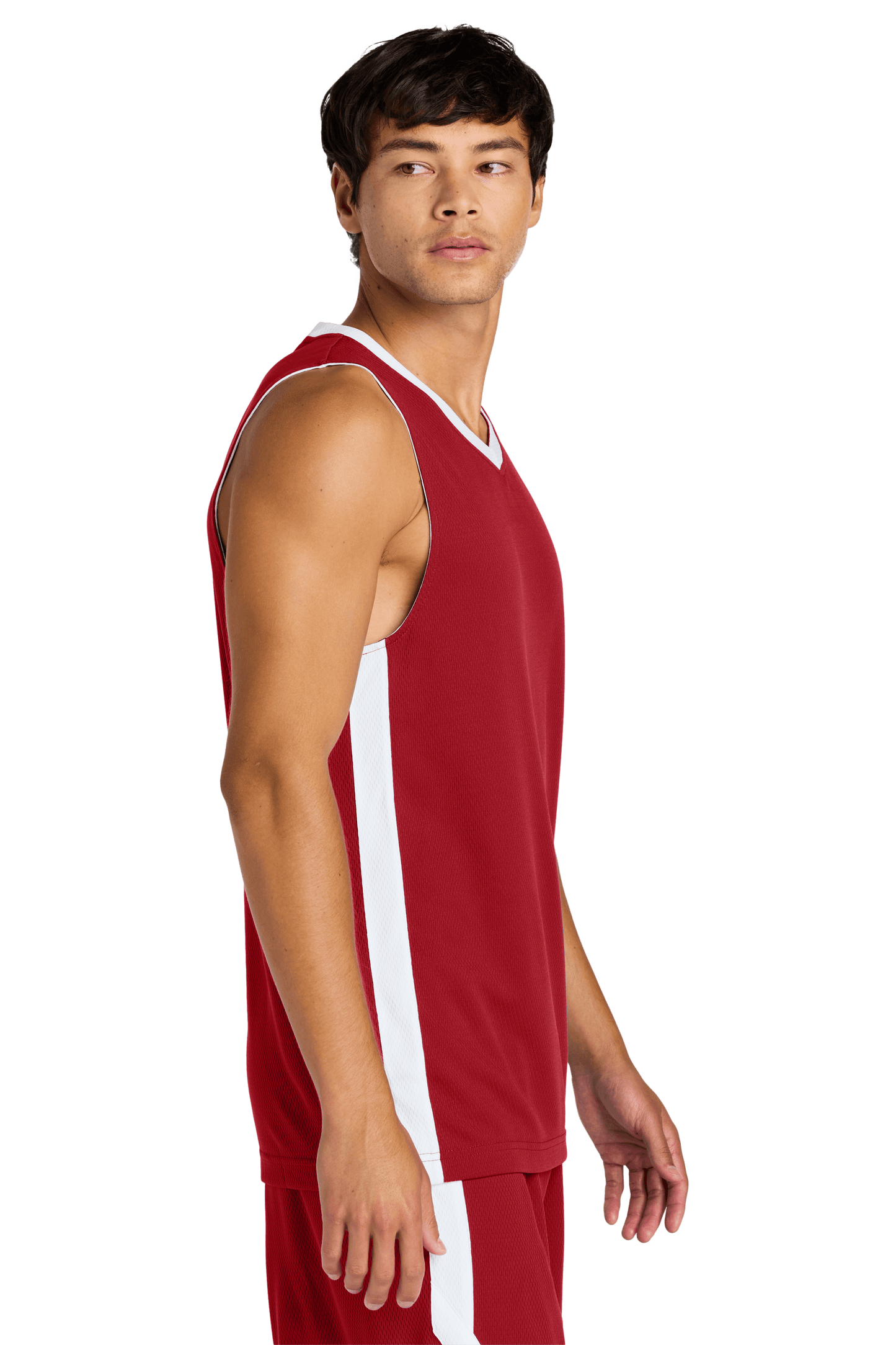 Red and white Sport-Tek basketball jersey with customizable name and number, lightweight, breathable mesh fabric, worn by a model.