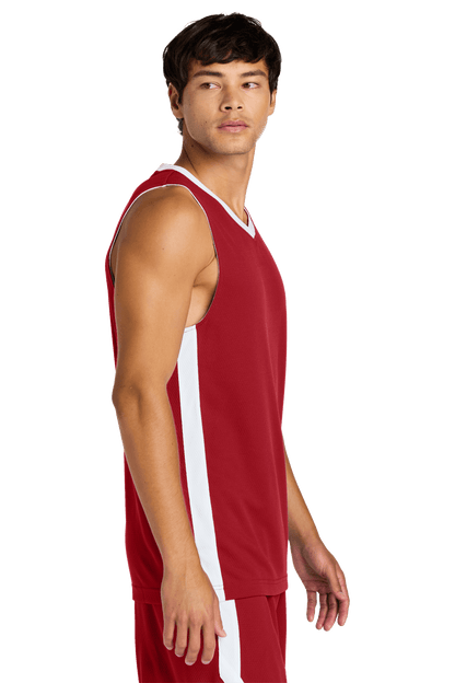 Red and white Sport-Tek basketball jersey with customizable name and number, lightweight, breathable mesh fabric, worn by a model.