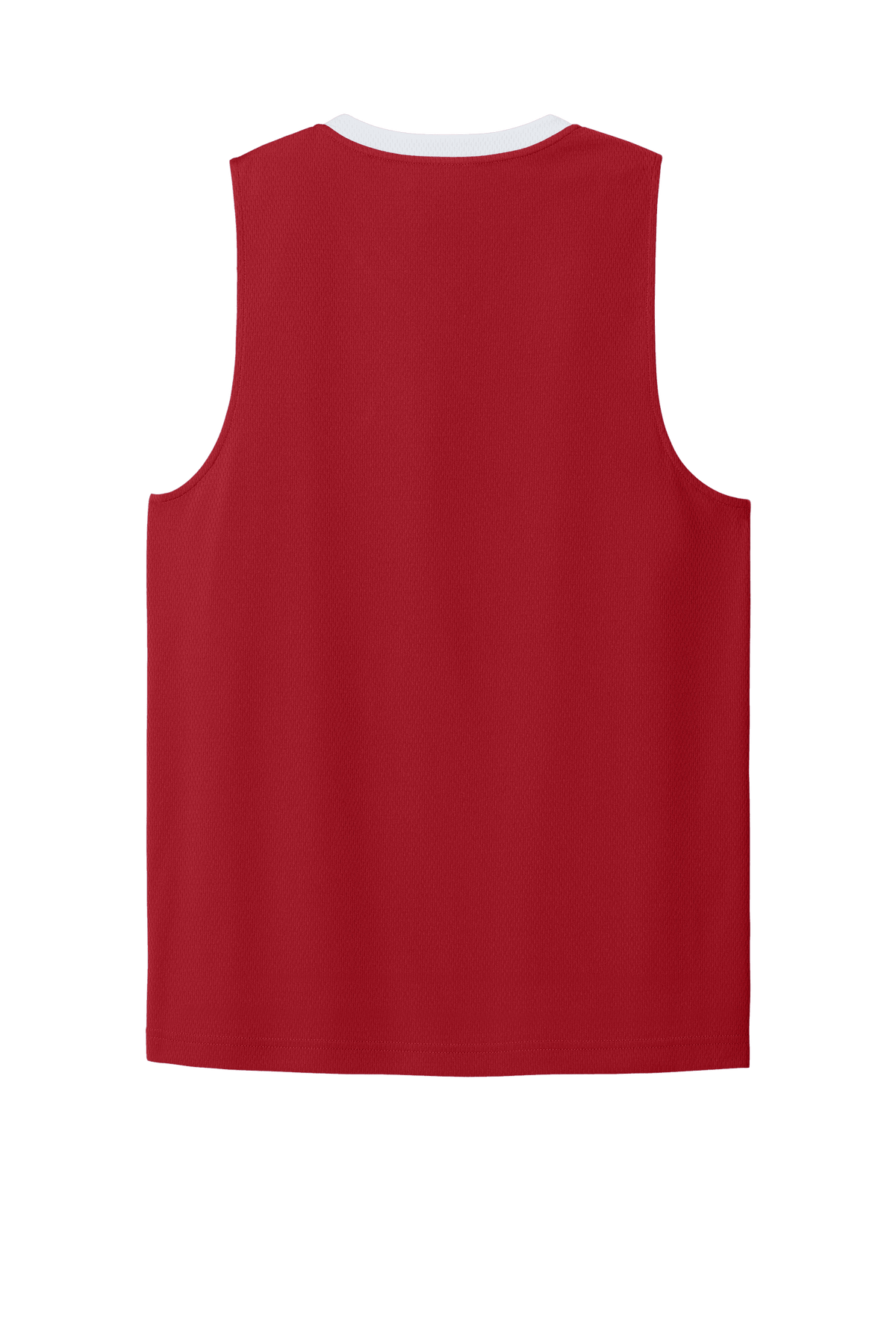 Red and white breathable Sport-Tek basketball jersey with customizable name and number, designed for team play.