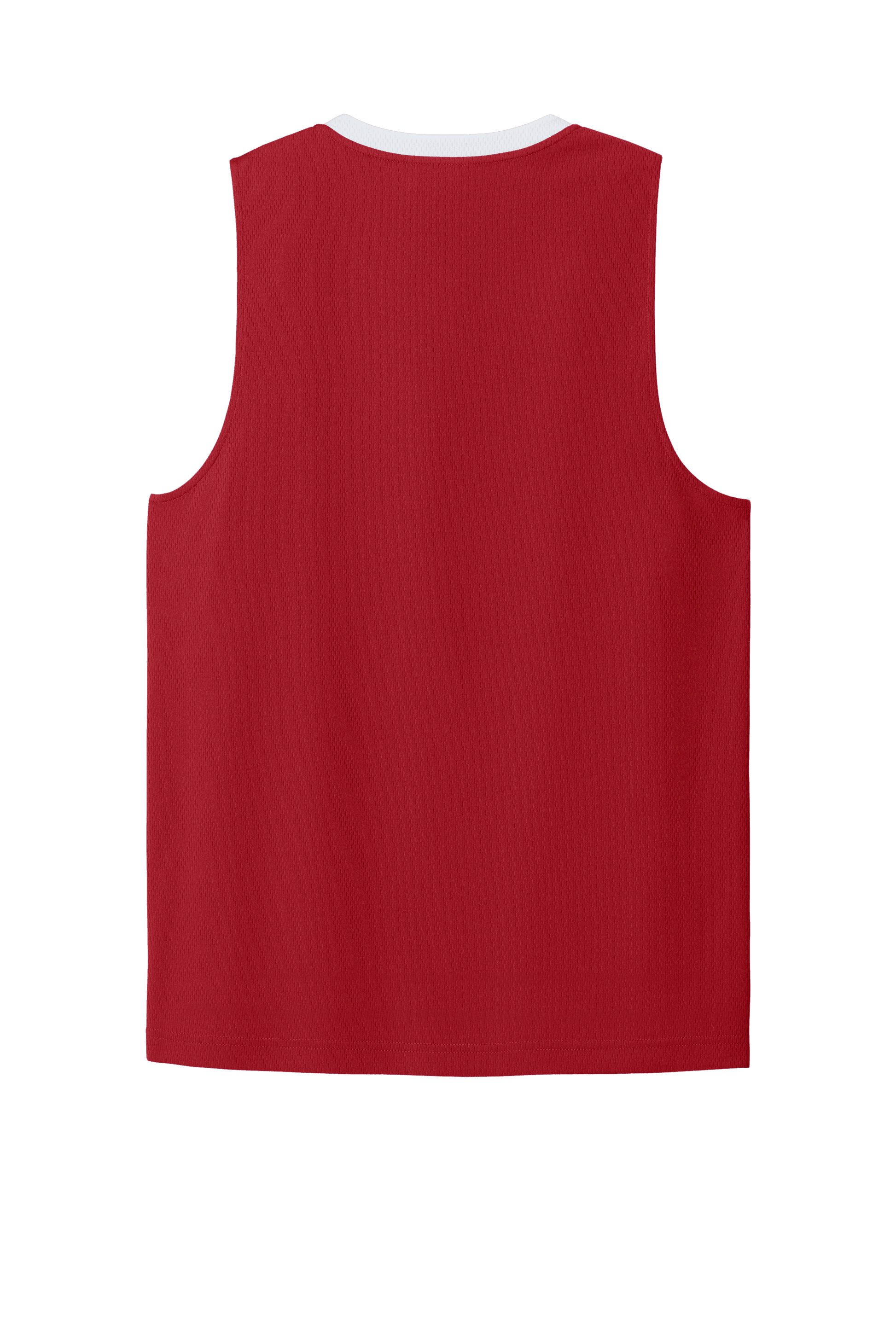 Red and white breathable Sport-Tek basketball jersey with customizable name and number, designed for team play.