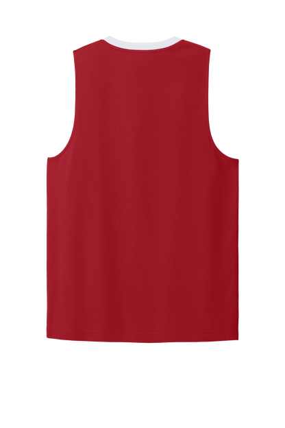 Red and white breathable Sport-Tek basketball jersey with customizable name and number, designed for team play.