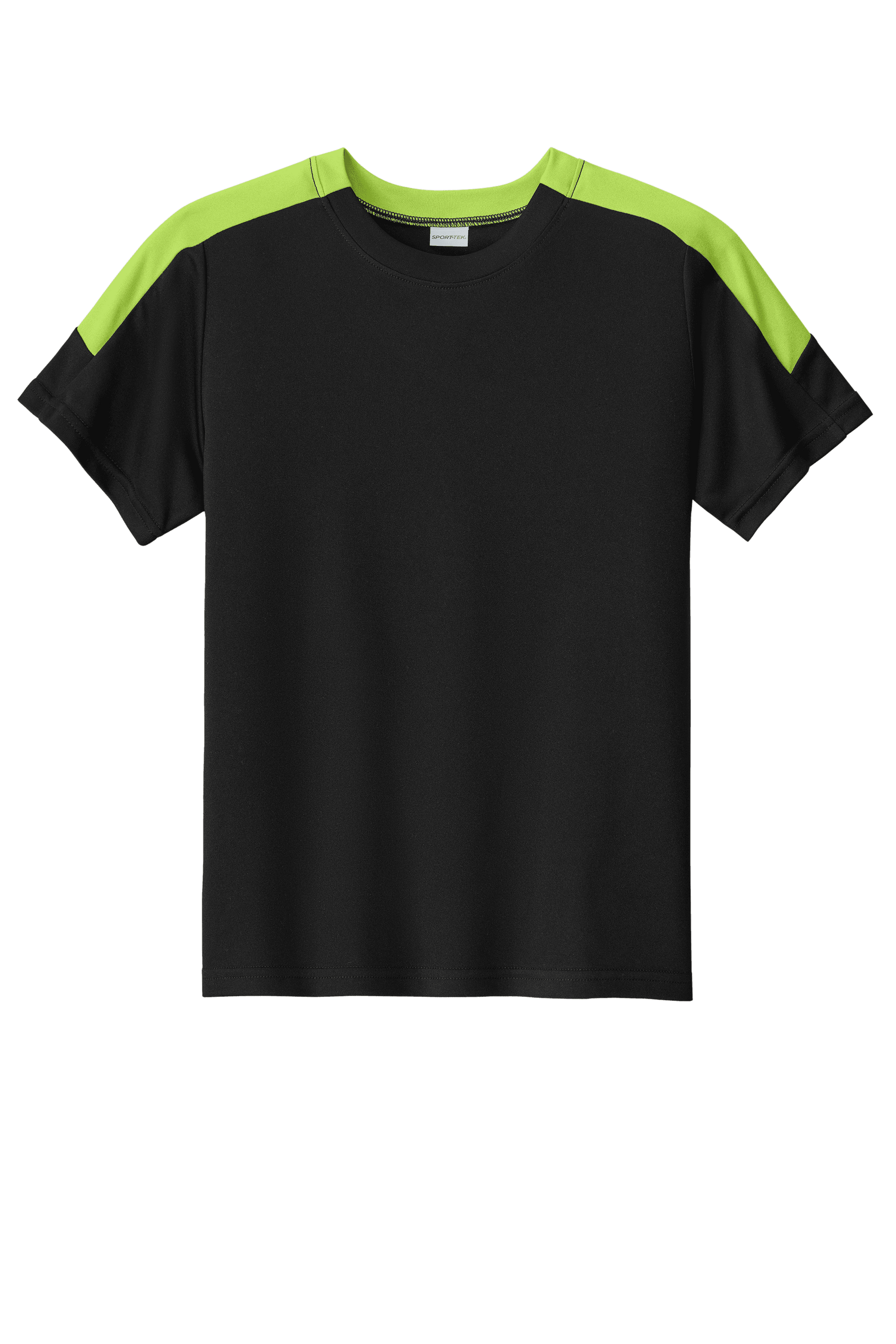 Black and lime green custom youth soccer jersey by Sport-Tek with space for name, number, and team logo print.