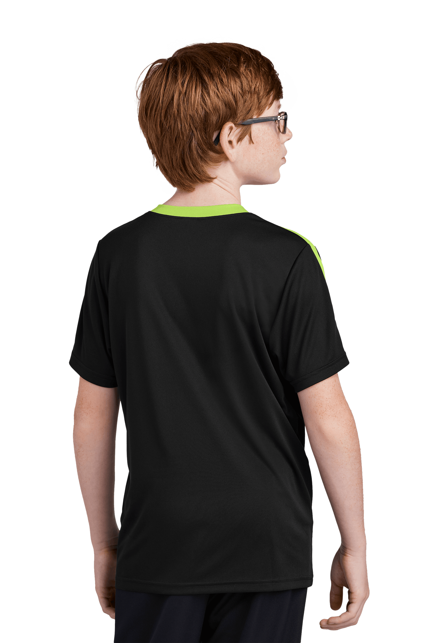 Black and lime green custom youth soccer jersey by Sport-Tek with space for name, number, and team logo on the back.