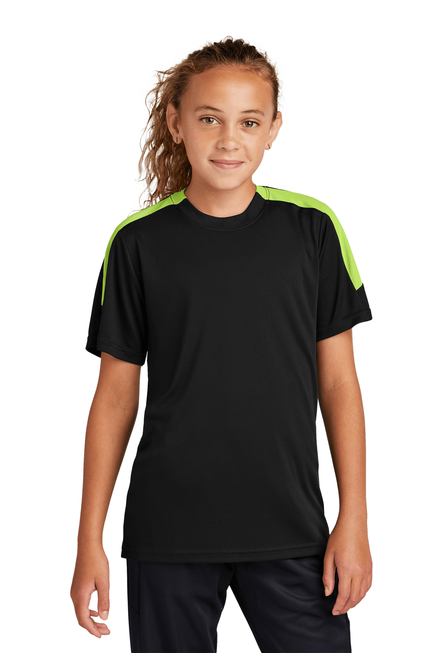Black and lime green custom youth soccer jersey by Sport-Tek with space for name, number, and team logo, front view.