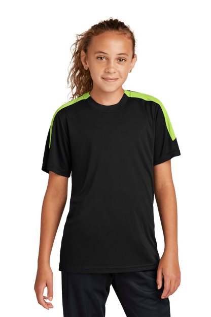 Black and lime green custom youth soccer jersey by Sport-Tek with space for name, number, and team logo, front view.