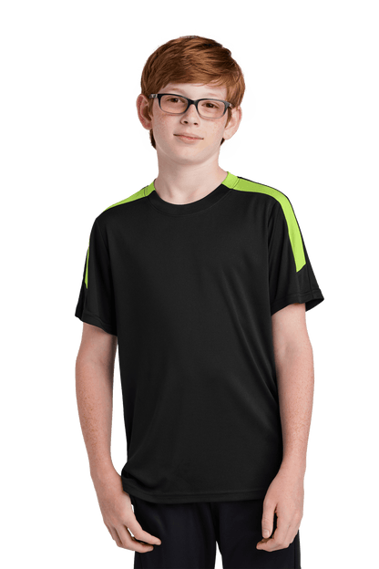 Black and lime green custom youth soccer jersey by Sport-Tek featuring space for name, number, and team logo on the front.