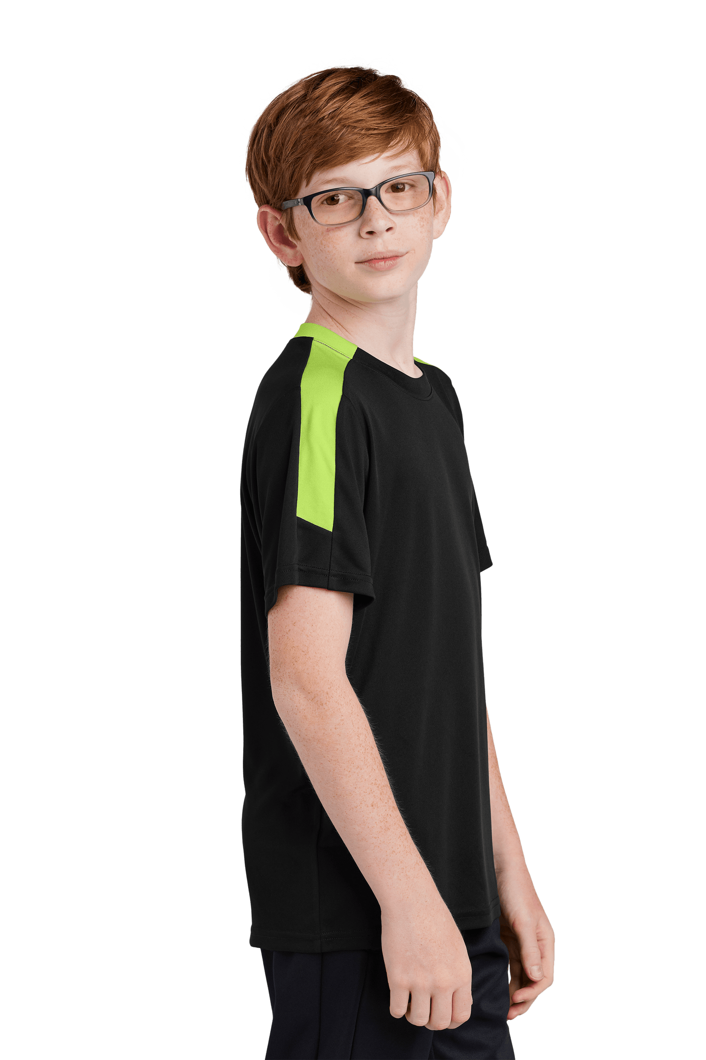 Black and lime green custom youth soccer jersey by Sport-Tek with space for name, number, and team logo, shown from side view.