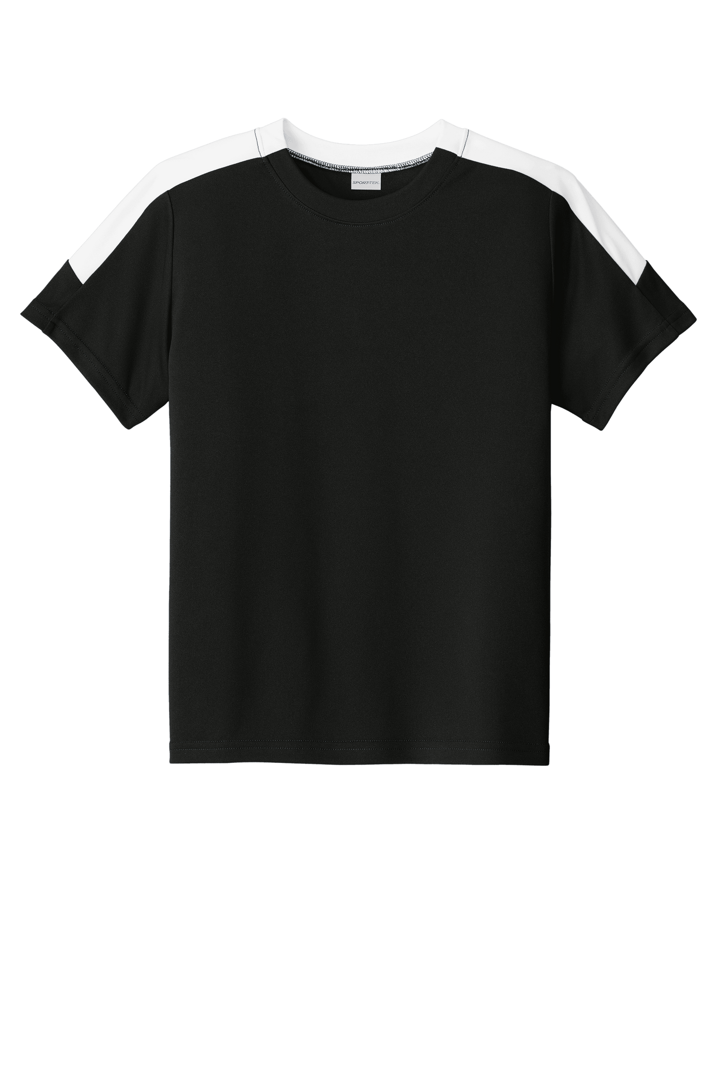Black and white custom youth soccer jersey by Sport-Tek with space for name, number, and team logo, displayed flat.