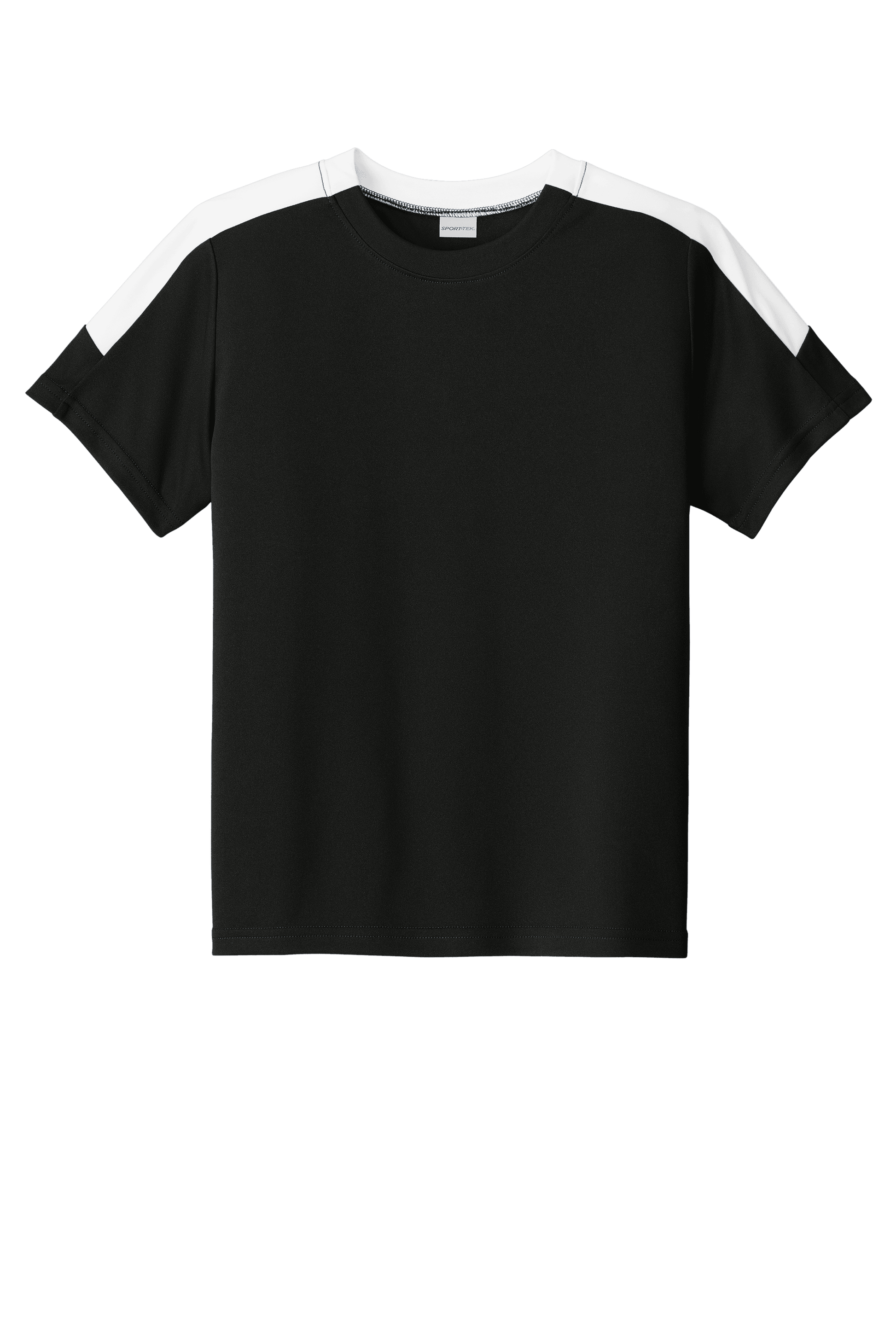 Black and white custom youth soccer jersey by Sport-Tek with space for name, number, and team logo, displayed flat.