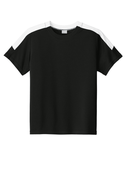 Black and white custom youth soccer jersey by Sport-Tek with space for name, number, and team logo, displayed flat.