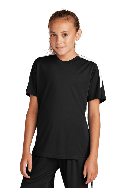 Black and white custom youth soccer jersey by Sport-Tek with space for name, number, and team logo, shown from front view.