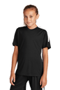 Black and white custom youth soccer jersey by Sport-Tek with space for name, number, and team logo, shown from front view.