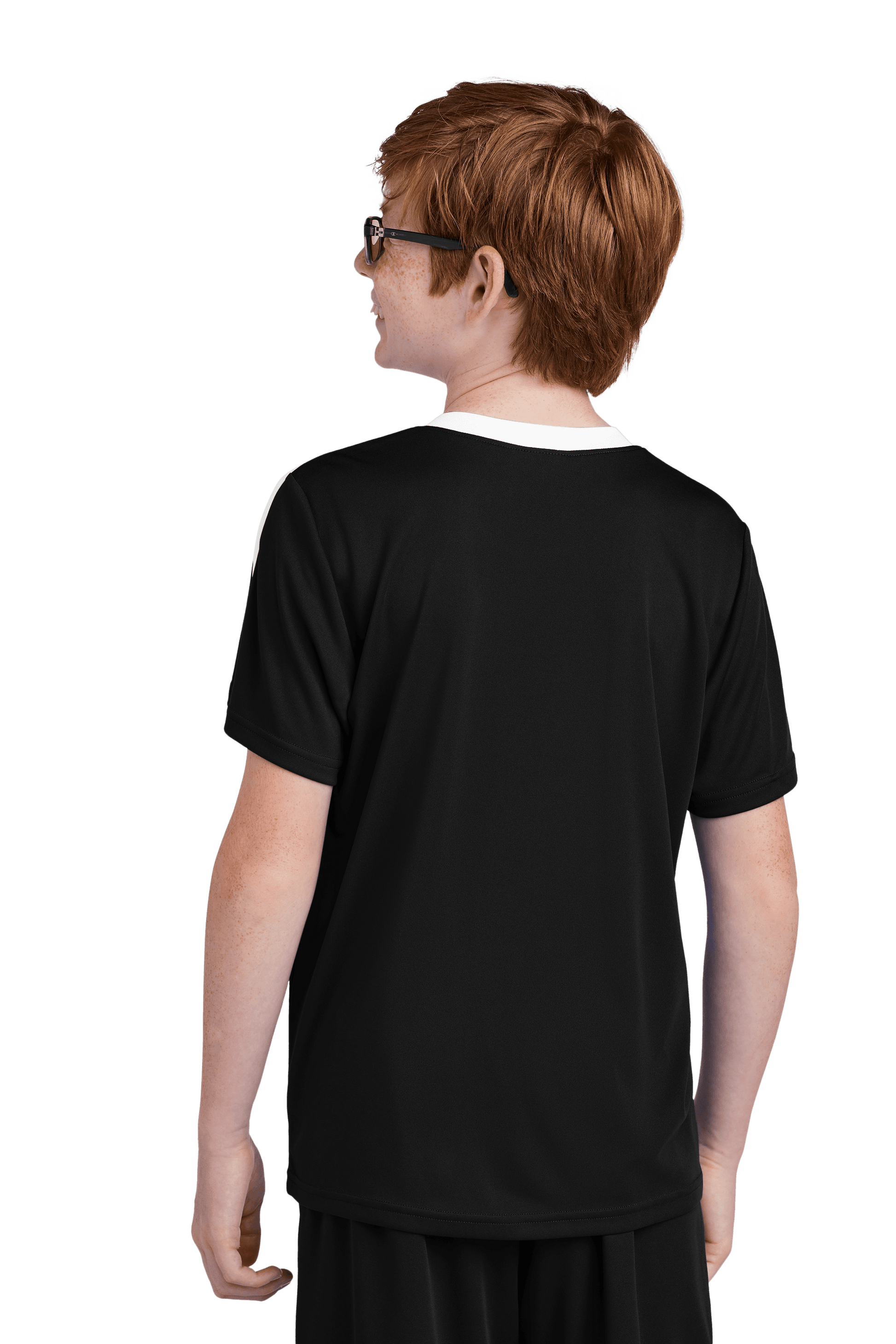 Black and white custom youth soccer jersey by Sport-Tek with space for name, number, and team logo, shown from the back.