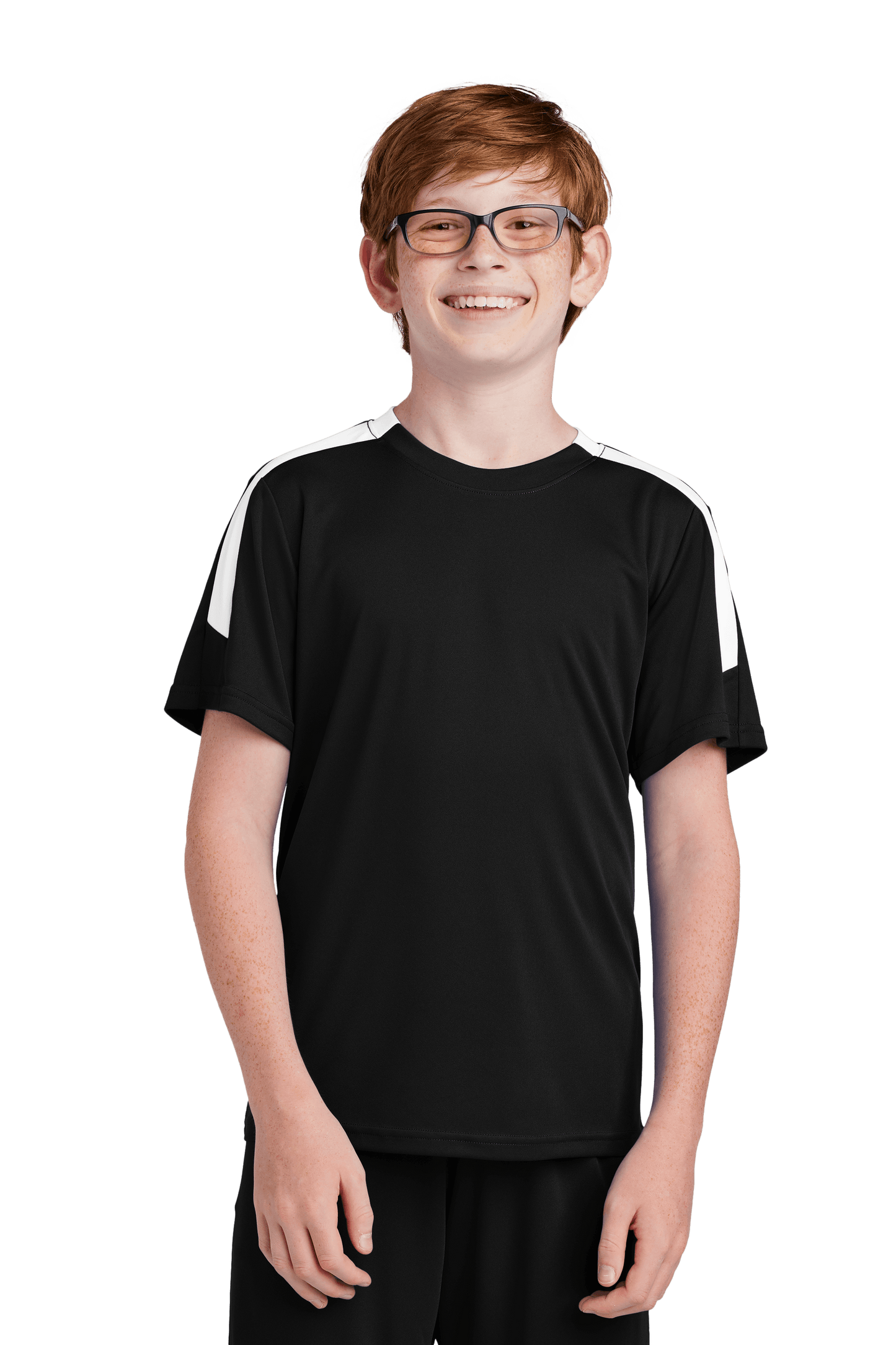 Black and white custom youth soccer jersey by Sport-Tek with space for name, number, and team logo on the front.