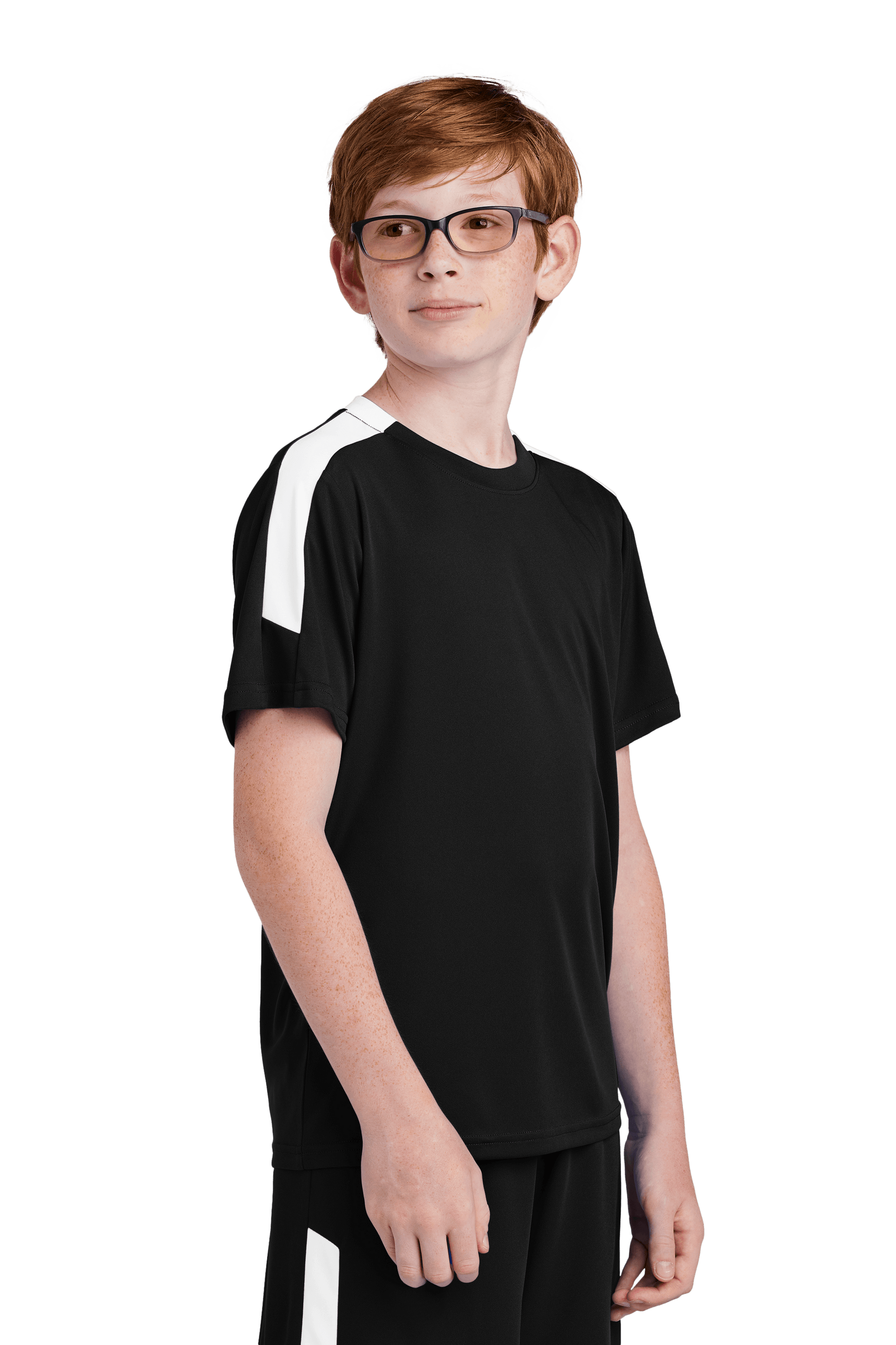 Black and white custom youth soccer jersey by Sport-Tek with space for name, number, and team logo, shown from a side view.