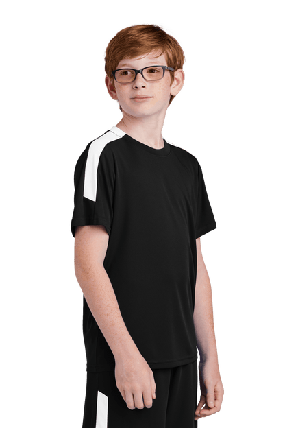Black and white custom youth soccer jersey by Sport-Tek with space for name, number, and team logo, shown from a side view.