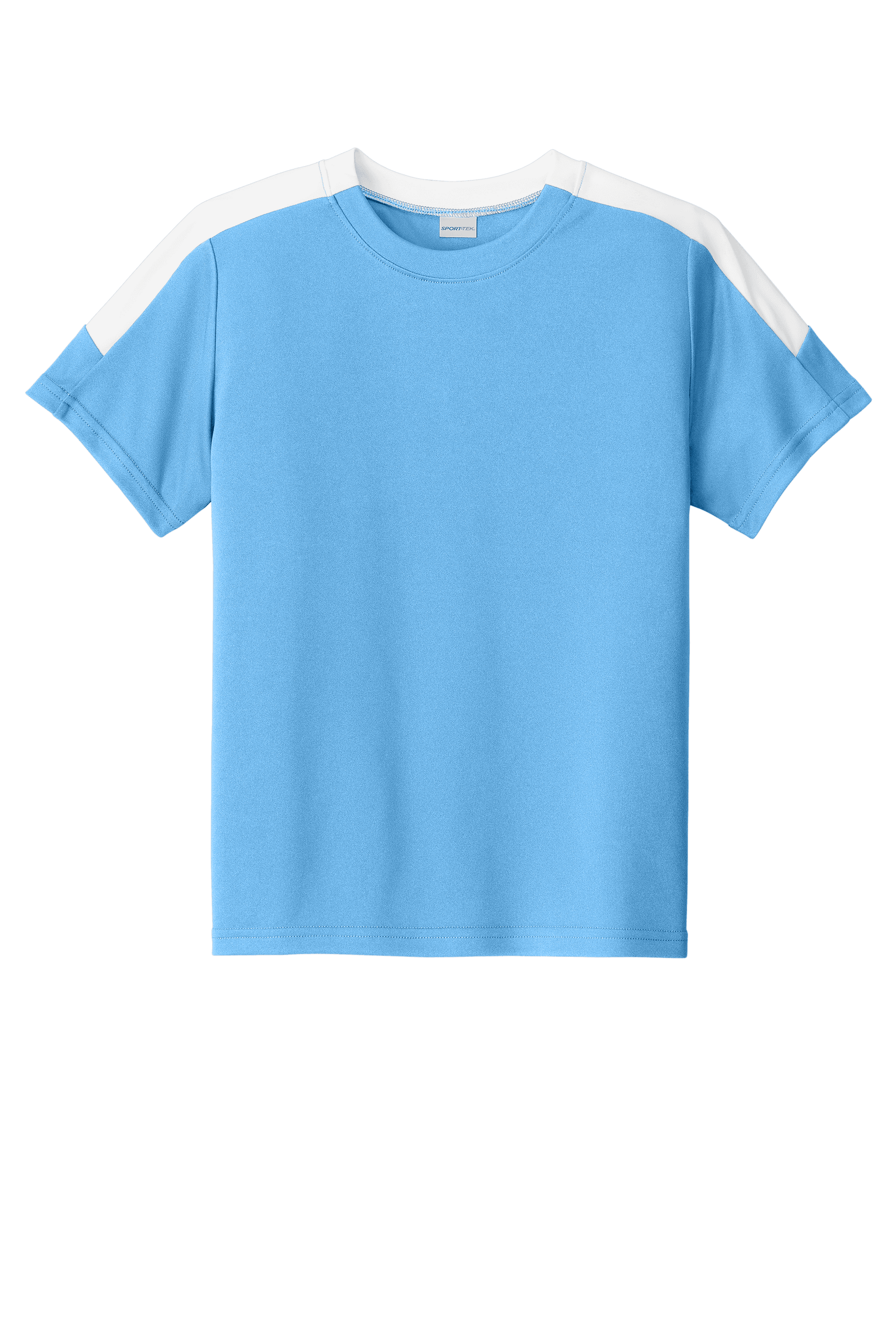 Custom youth soccer jersey by Sport-Tek in Carolina blue and white with space for name, number, and team logo.