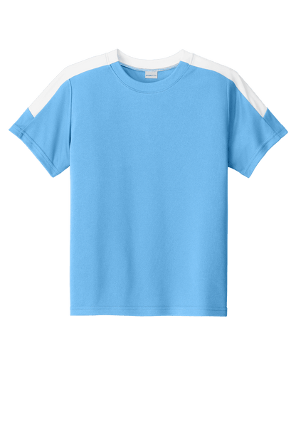 Custom youth soccer jersey by Sport-Tek in Carolina blue and white with space for name, number, and team logo.