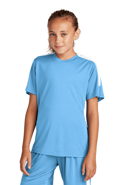 Custom Sport-Tek youth soccer jersey in Carolina blue and white with space for name, number, and team logo, front view image.