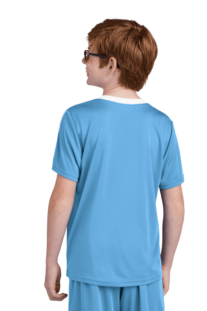 Custom Sport-Tek youth soccer jersey in Carolina blue and white with space for name, number, and team logo on the back.