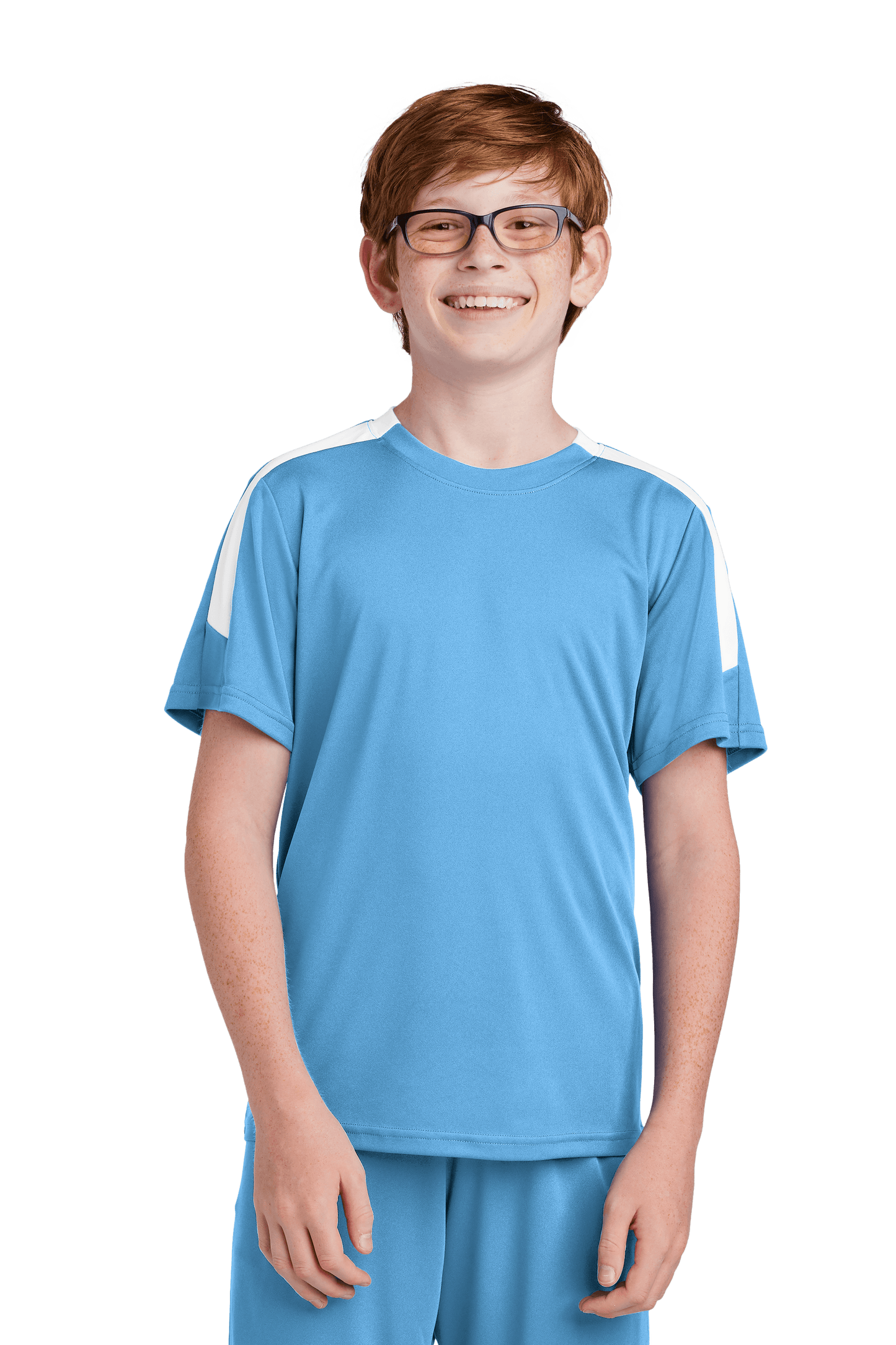 Custom Sport-Tek youth soccer jersey in Carolina blue and white with name, number, and team logo printed on the front.