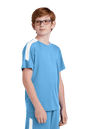 Sport-Tek custom youth soccer jersey in Carolina blue and white with team logo, name, and number print on side view.