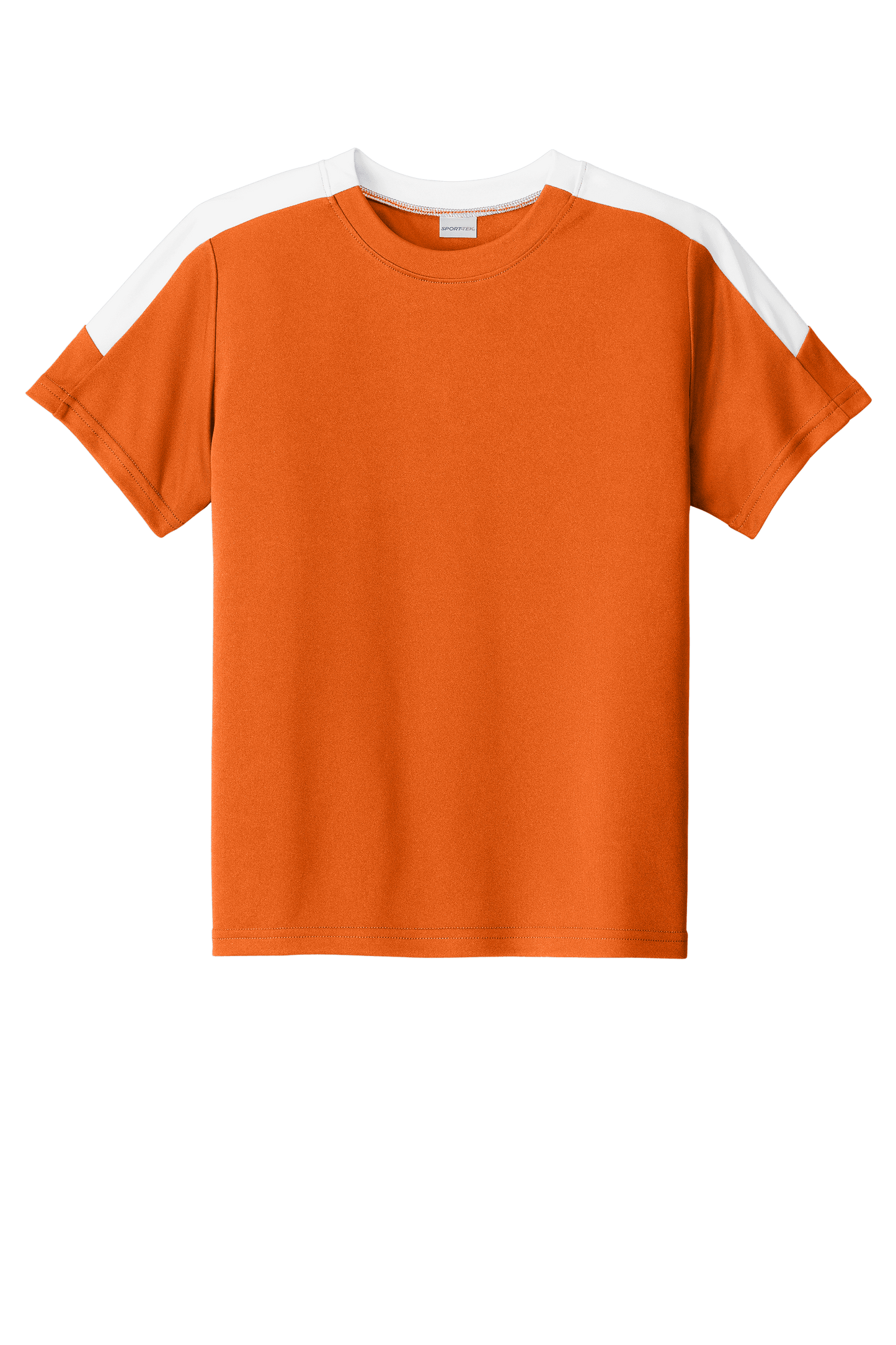 Custom youth soccer jersey by Sport-Tek in Carolina orange and white with space for name, number, and team logo.