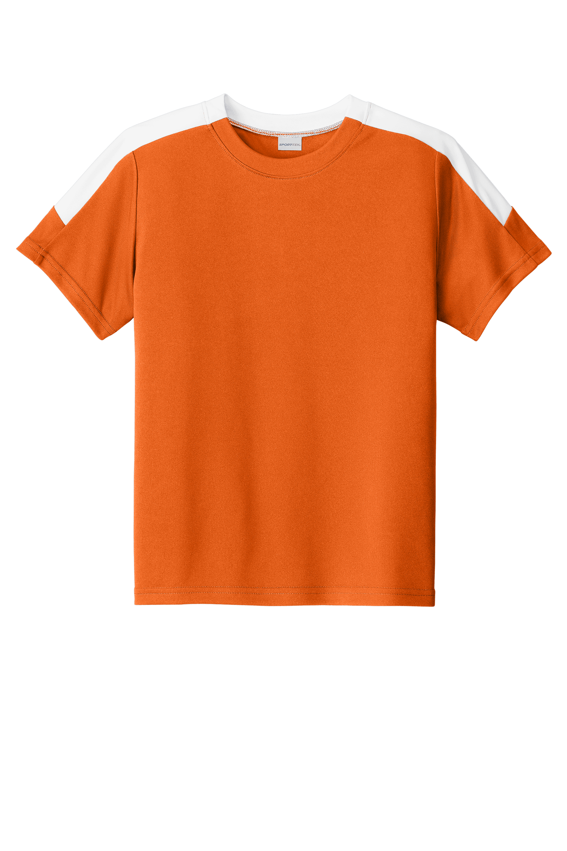 Custom youth soccer jersey by Sport-Tek in Carolina orange and white with space for name, number, and team logo.