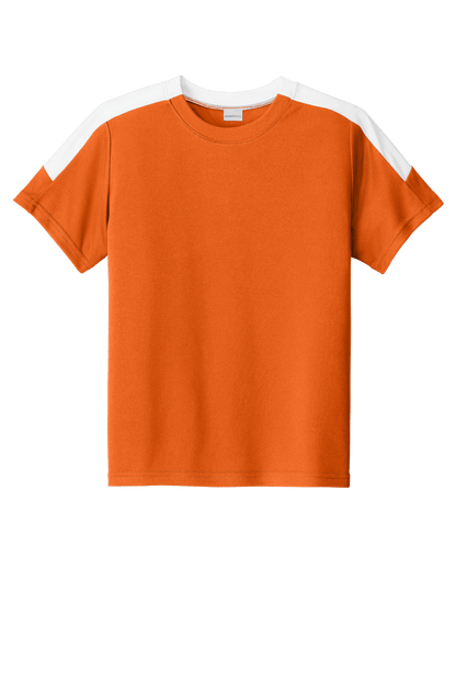 Custom youth soccer jersey by Sport-Tek in Carolina orange and white with space for name, number, and team logo.