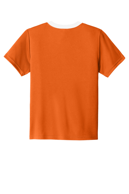 Custom youth soccer jersey by Sport-Tek with Carolina orange and white colors, featuring space for name, number, and team logo.
