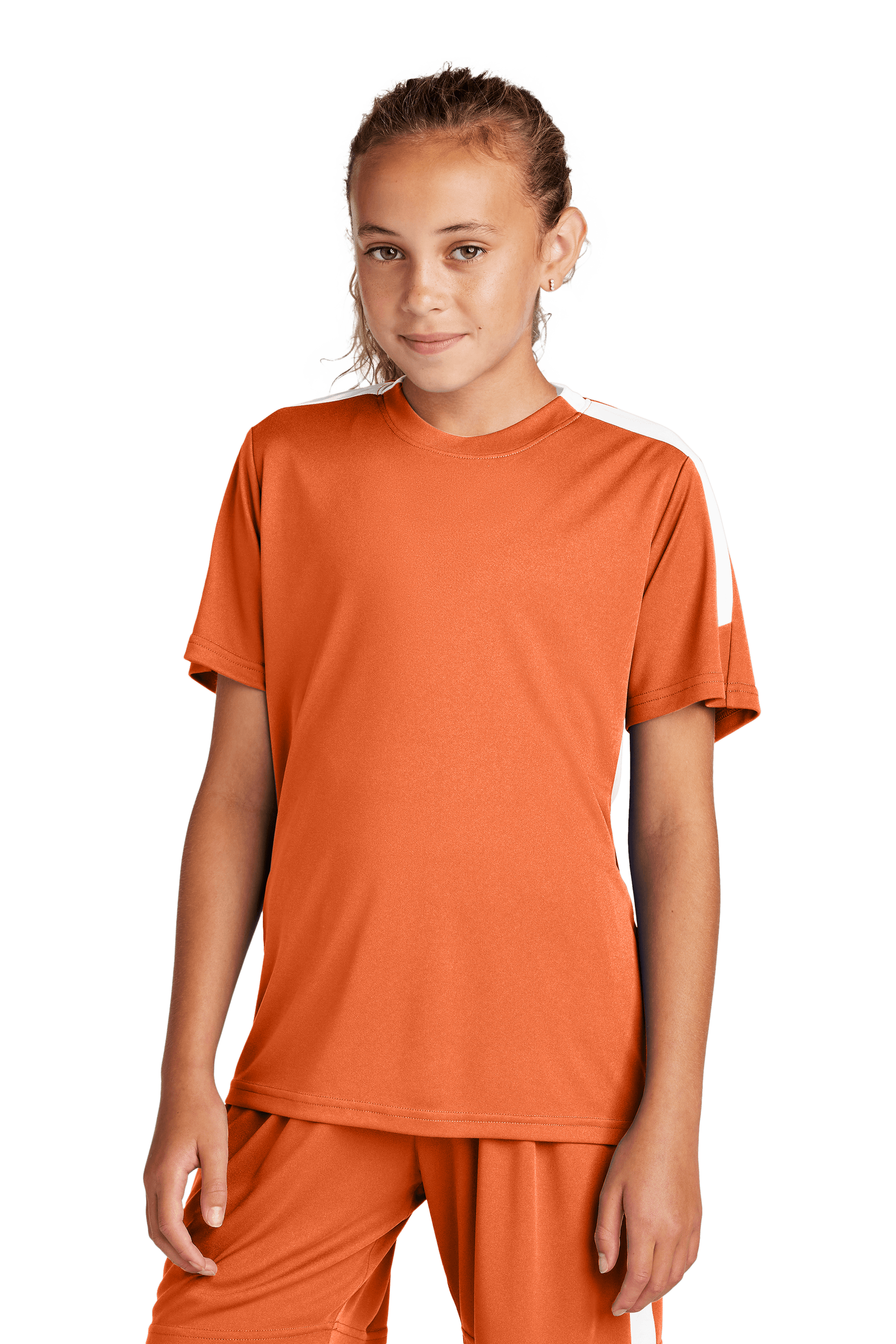 Youth soccer jersey by Sport-Tek featuring orange and white colors, customizable with name, number, and team logo.