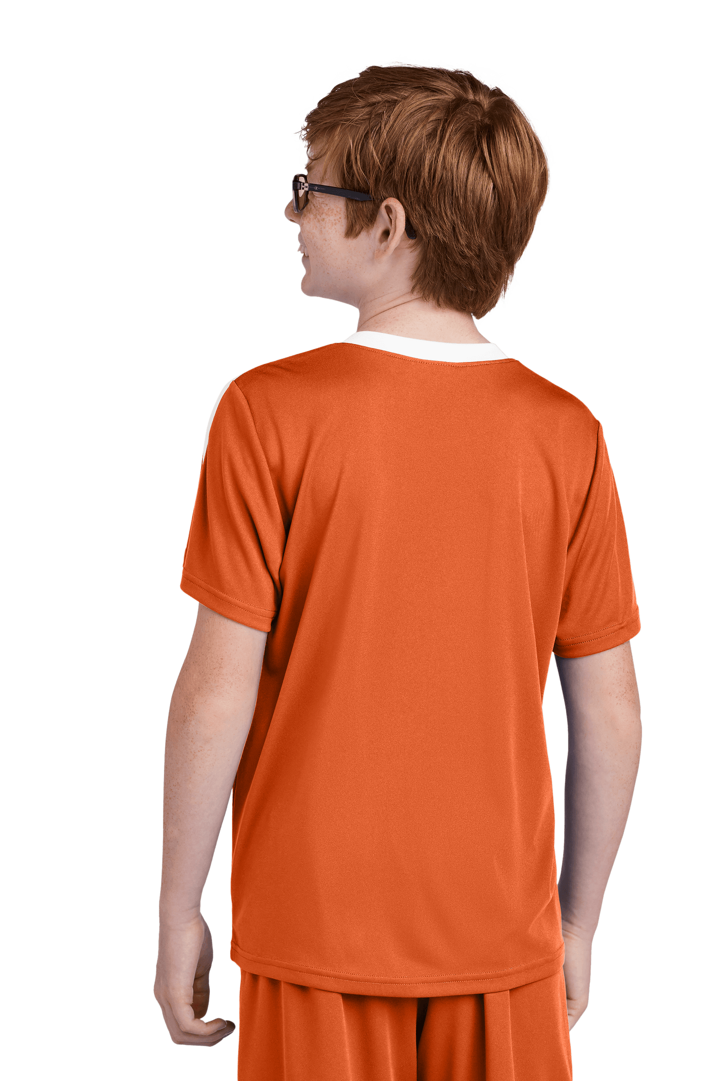 Custom youth soccer jersey by Sport-Tek featuring Carolina orange and white colors, with space for name, number, and team logo.