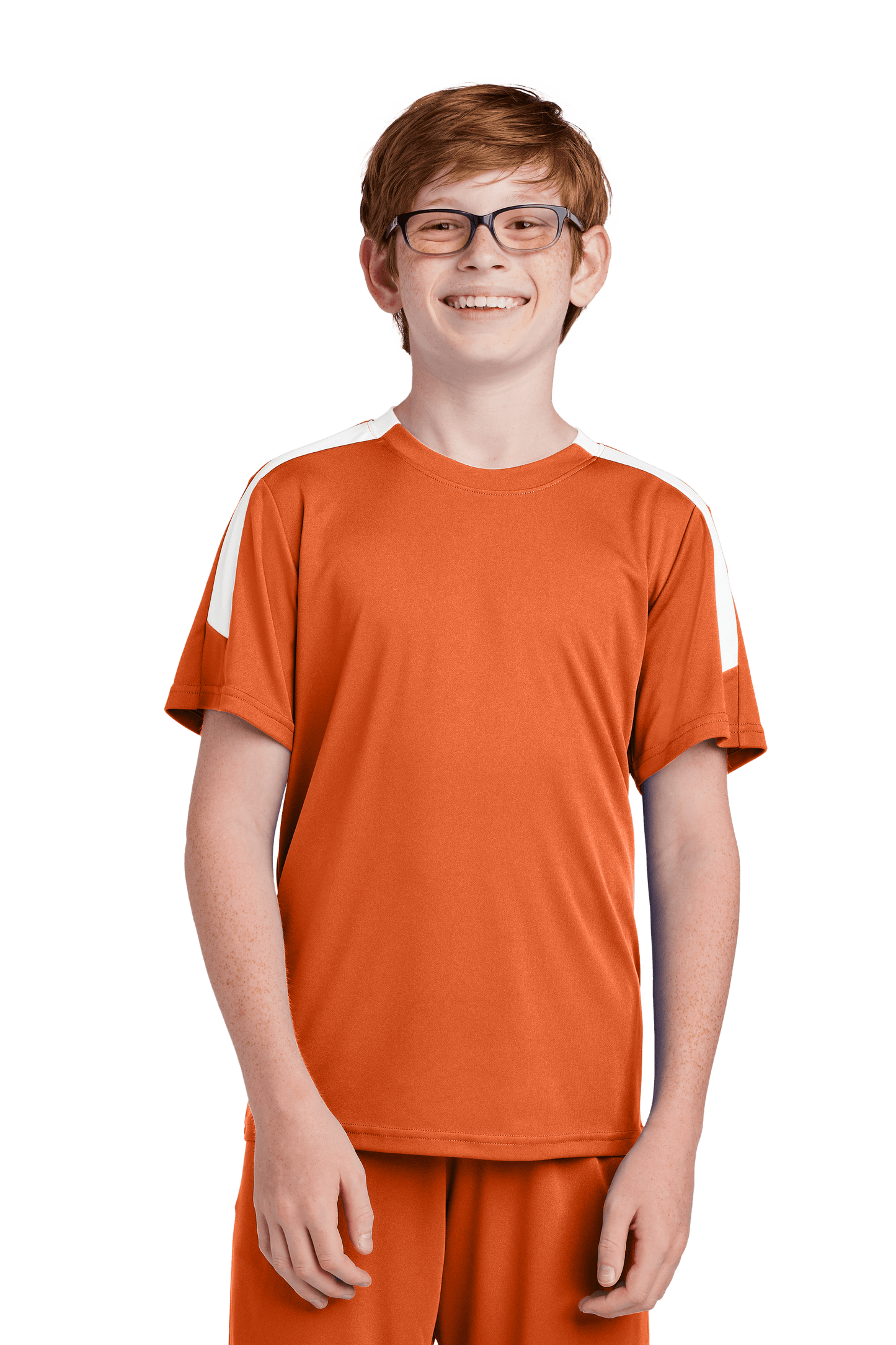 Custom Youth Soccer Jersey by Sport-Tek featuring orange and white design with space for name, number, and team logo.