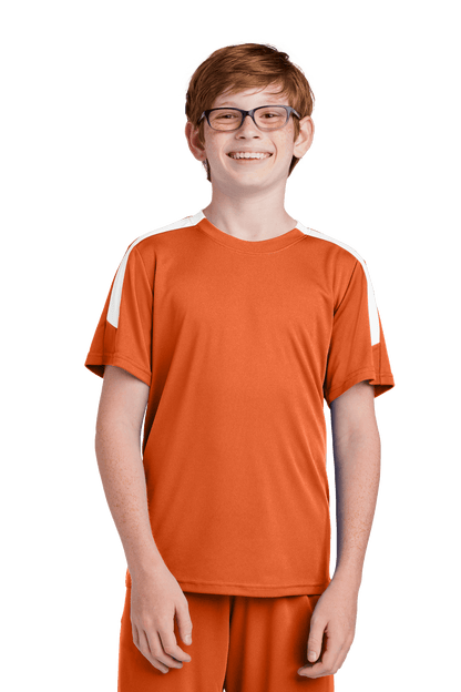 Custom Youth Soccer Jersey by Sport-Tek featuring orange and white design with space for name, number, and team logo.
