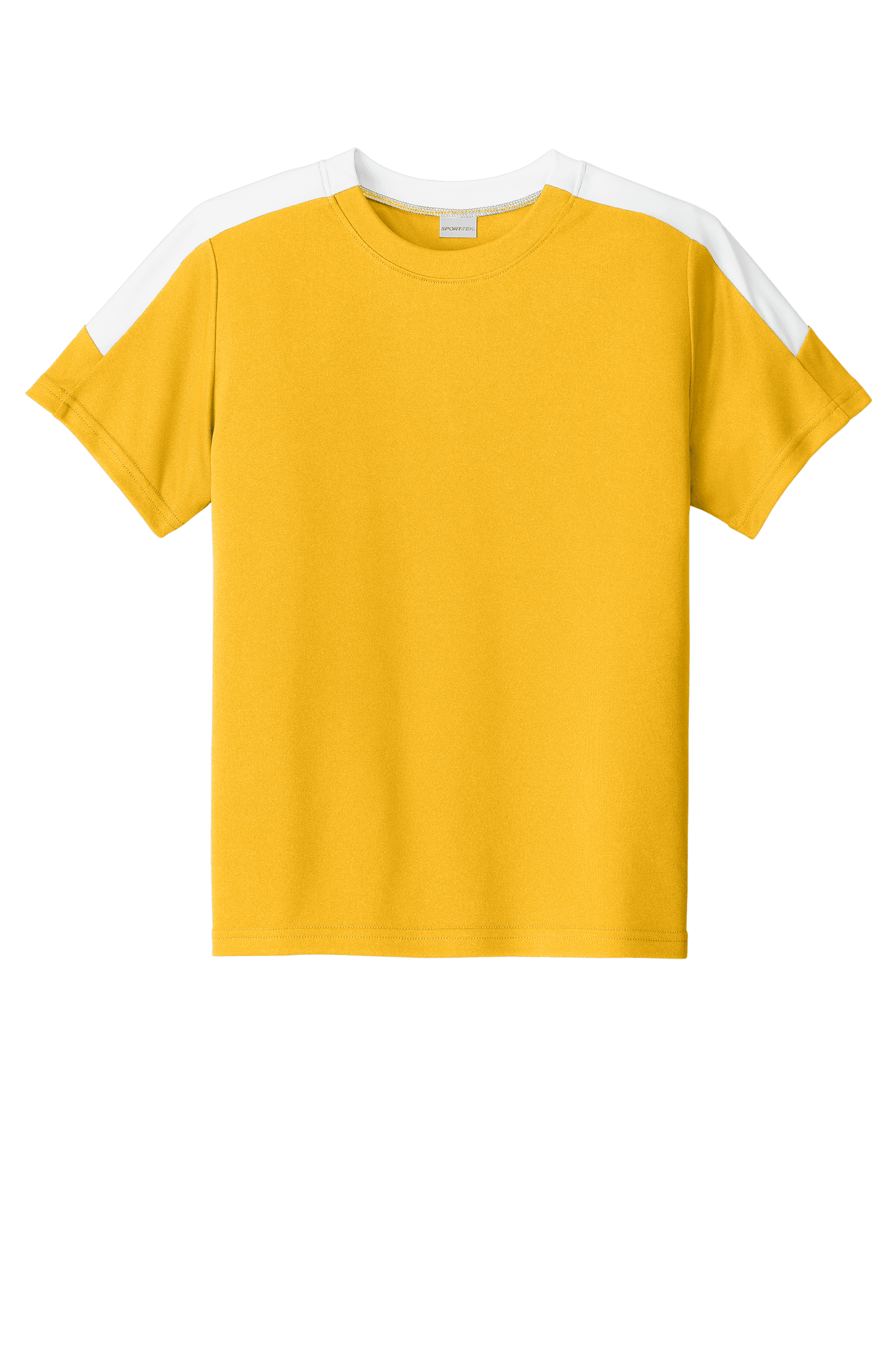 Custom youth soccer jersey by Sport-Tek featuring gold and white colors, with space for name, number, and team logo print.
