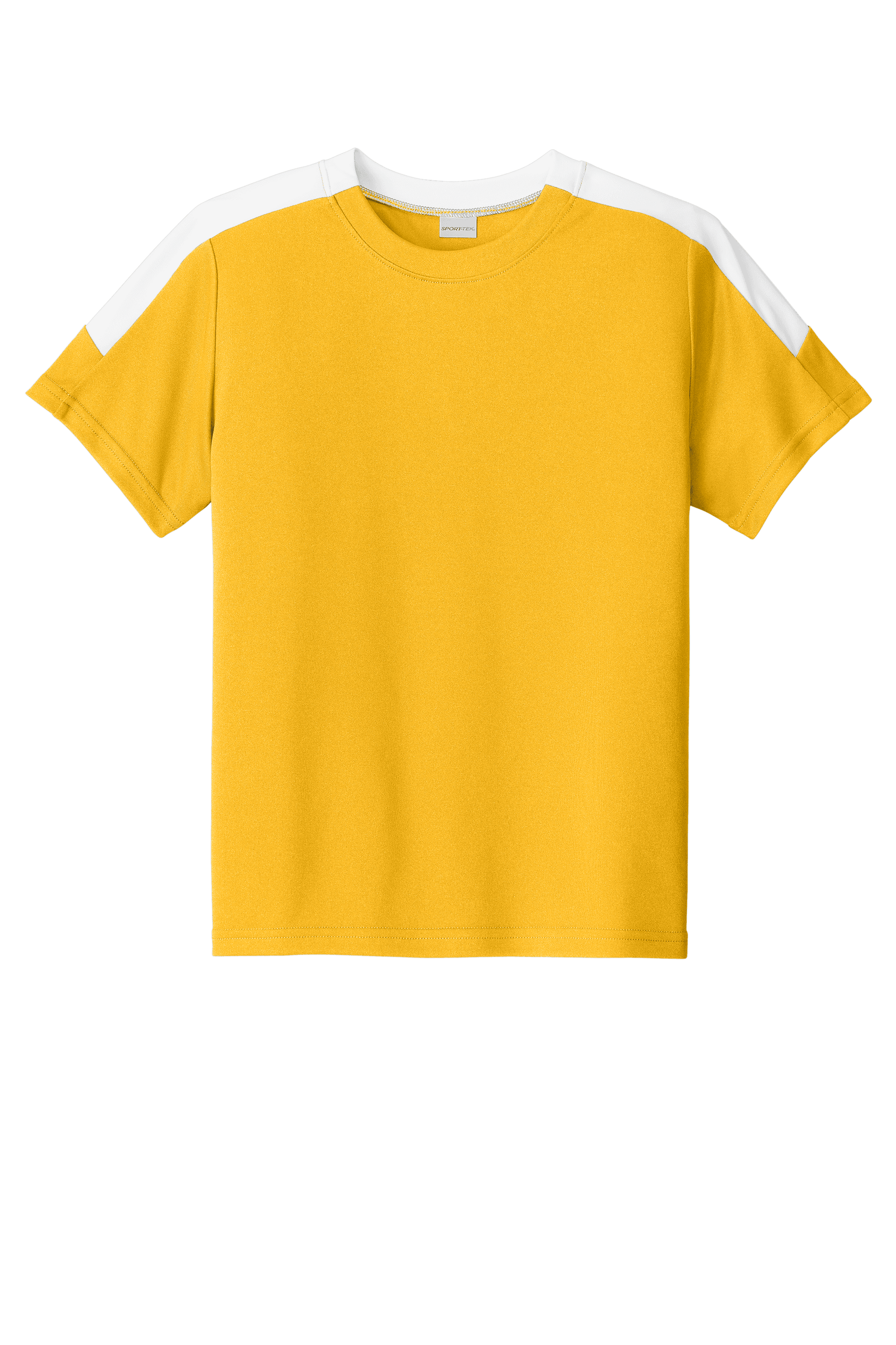 Custom youth soccer jersey by Sport-Tek featuring gold and white colors, with space for name, number, and team logo print.