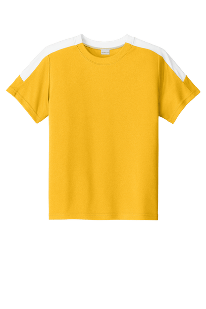 Custom youth soccer jersey by Sport-Tek featuring gold and white colors, with space for name, number, and team logo print.